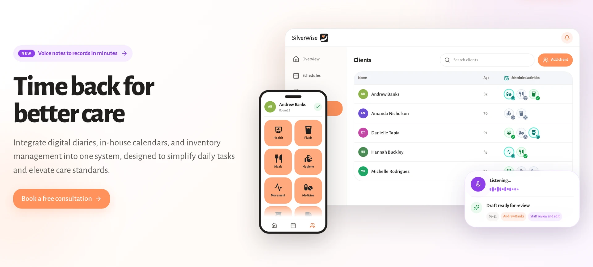 Silverwise homepage for connected residential and home care from setup to billing preparation