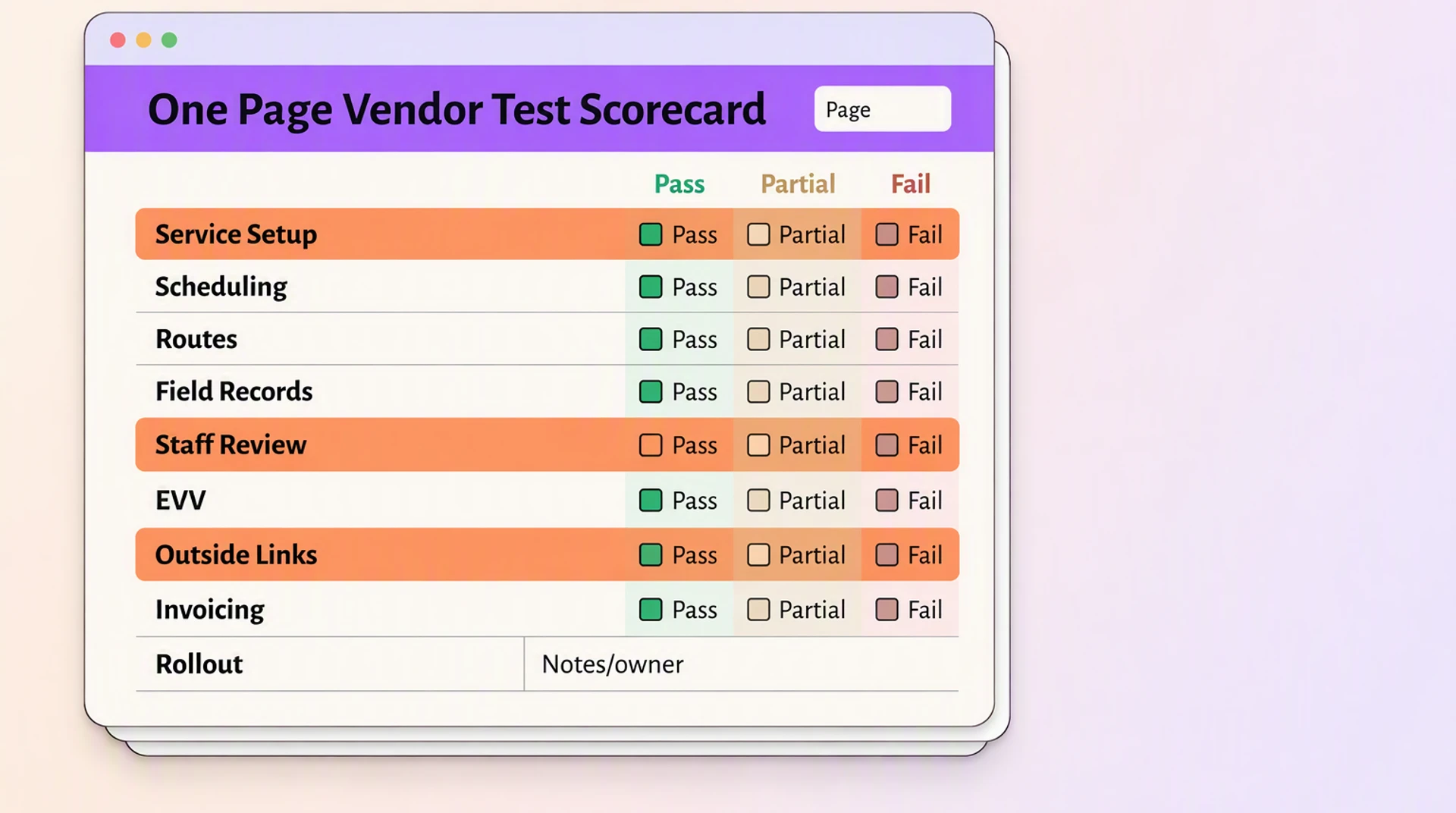 Private duty software evaluation scorecard with pass, partial, and fail checks.
