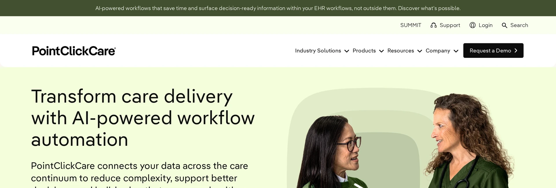 PointClickCare website hero presenting EHR workflow automation