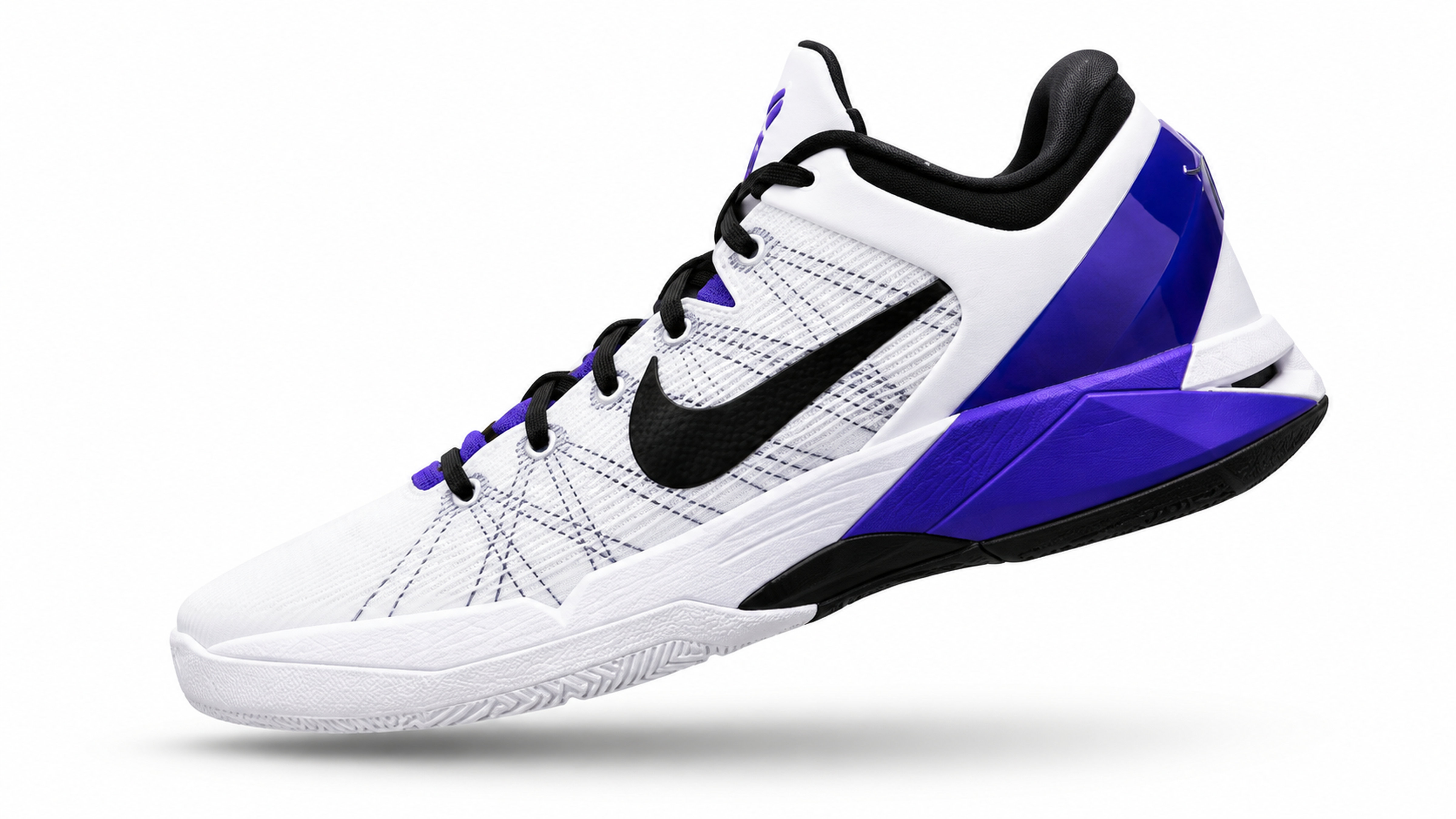 White basketball shoe with black accents and purple geometric patterns on the heel, featuring a black swoosh logo and black laces.