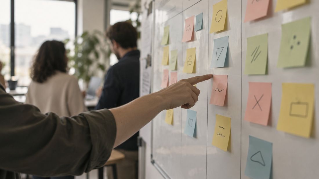 Kanban-Board mit bunten Haftnotizen in vier Spalten an einer Büro-Wand
