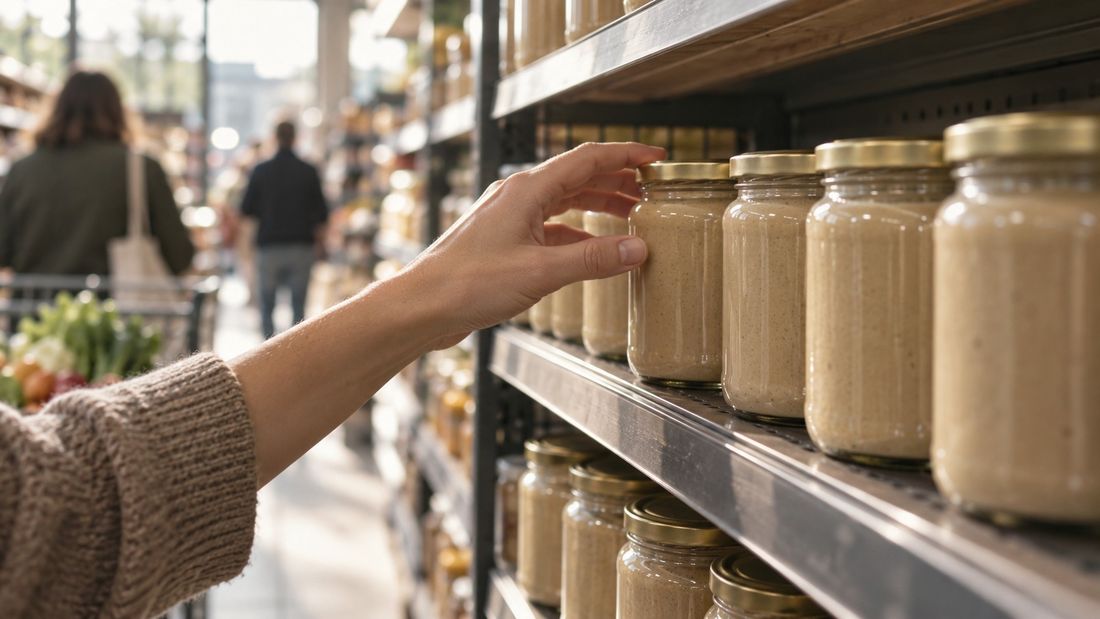 Hand greift im Supermarkt-Regal nach einem von mehreren ähnlichen Gläsern