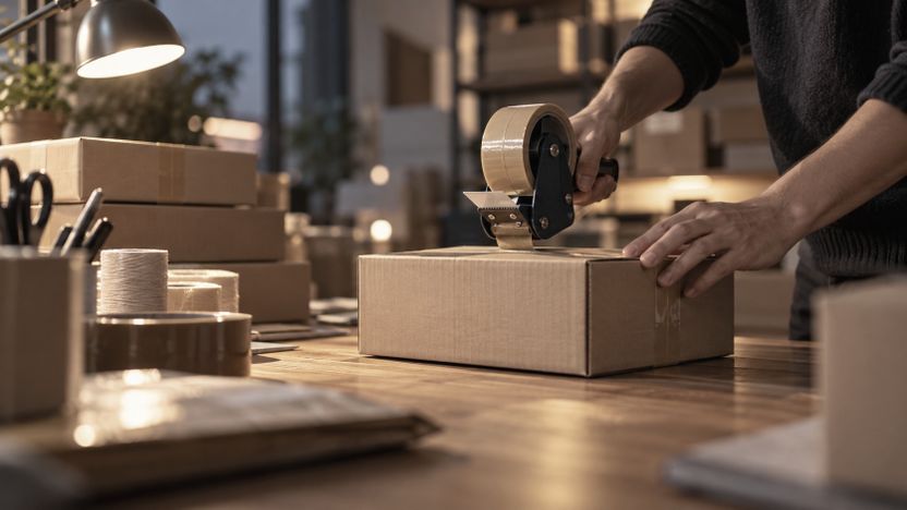 Hände kleben an einem Packtisch einen Karton zu, daneben gestapelte Pakete