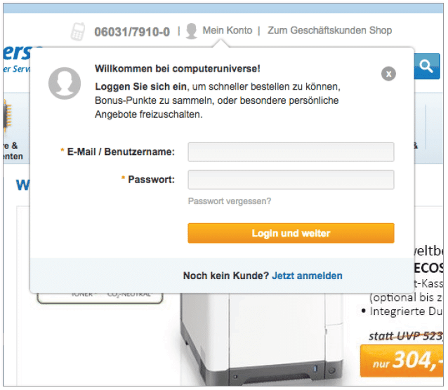 Login-Popup bei computeruniverse mit Feldern für E-Mail und Passwort, gelbem Button „Login und weiter“ und Hinweis zur Anmeldung für Neukunden.
