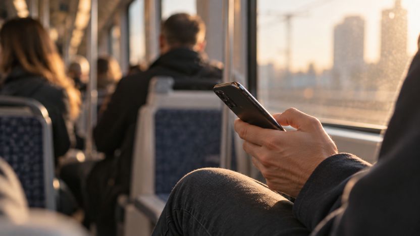 Hand hält ein Smartphone in der Bahn, der Daumen scrollt