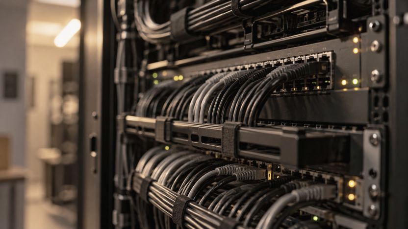 Nahaufnahme eines Patchfelds mit sauber verlegten Kabeln in einem Serverraum
