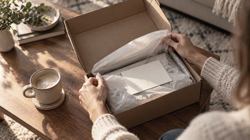 Hände öffnen ein Paket mit Seidenpapier auf einem Wohnzimmertisch