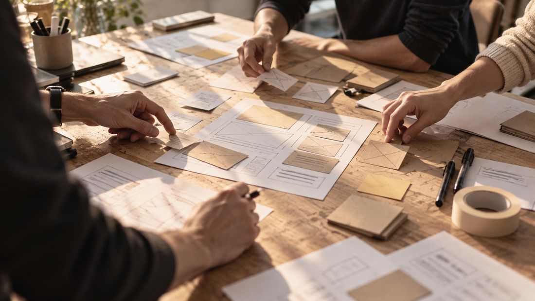 Workshop-Tisch mit Papier-Prototypen, mehrere Hände ordnen und beschriften Skizzen