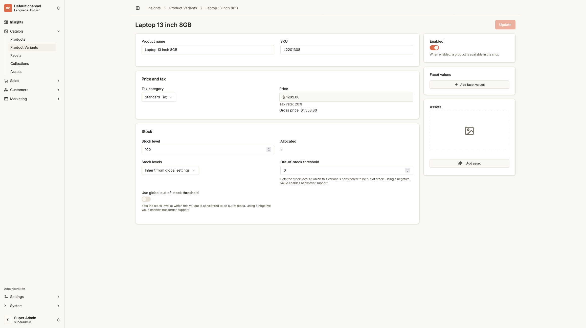 Vendure Admin Dashboard with Claude Theme in Light Mode