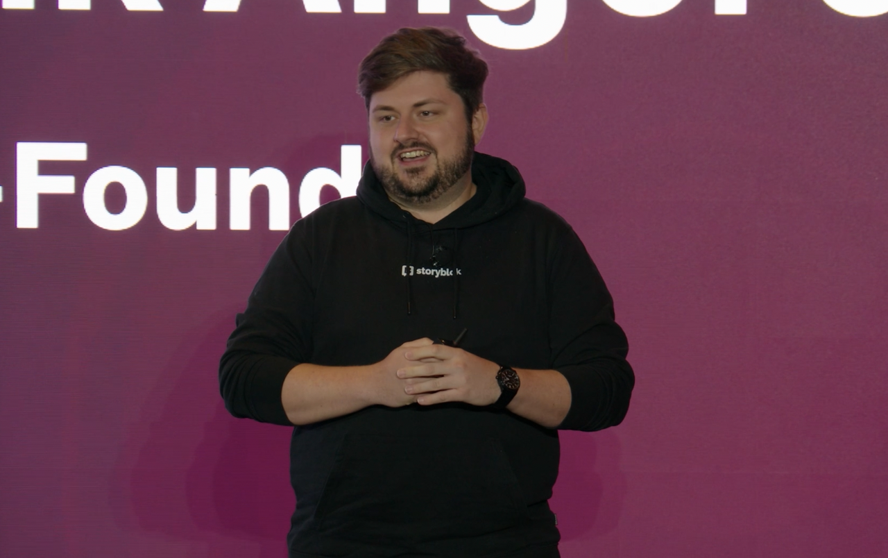 Storyblok CEO and CoFounder Dominik Angerer presents the opening keynote session on the main stage to an audience at JoyConf New York.
