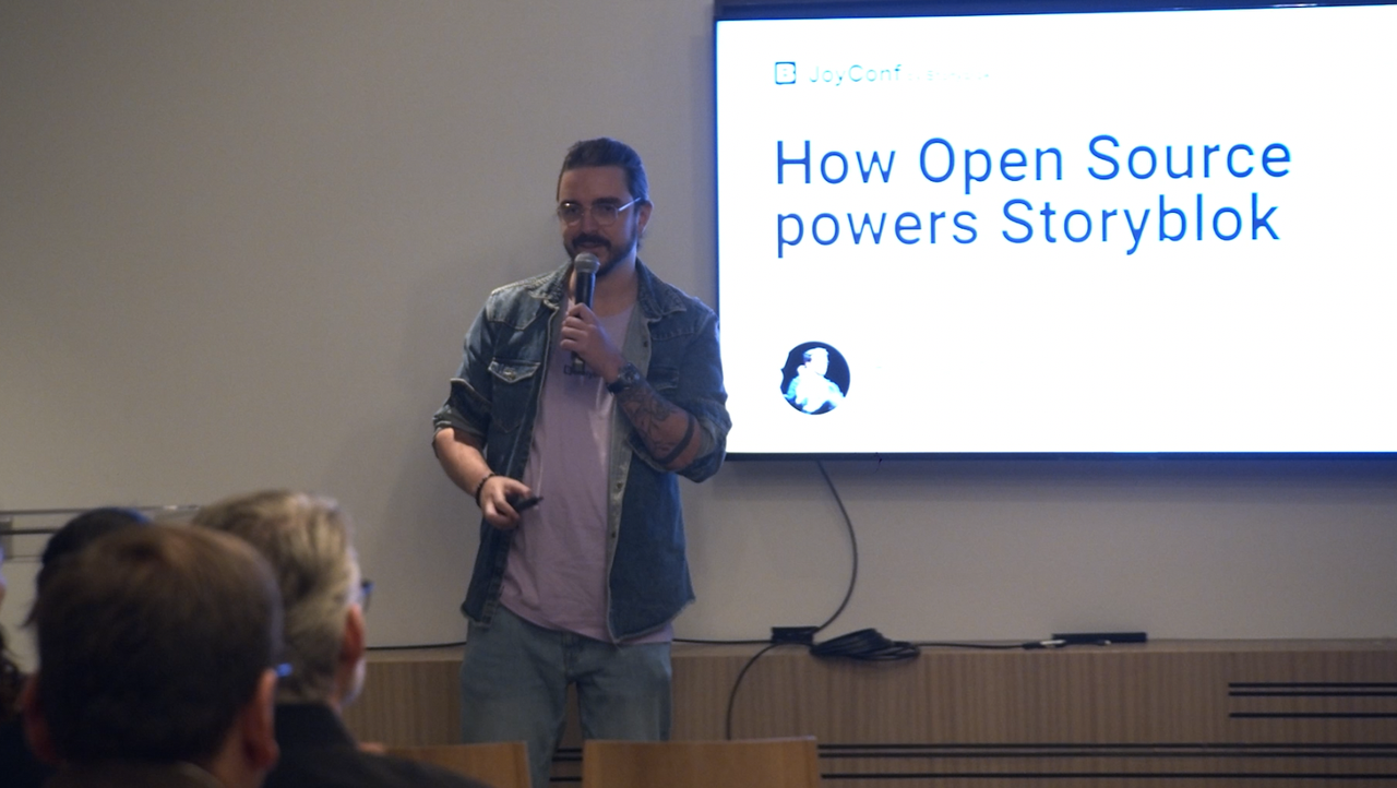 Storyblok employee Alvaro Saburido presents the breakout session How Open Source Powers Storyblok to an audience in the Black Loft room at JoyConf New York NY.