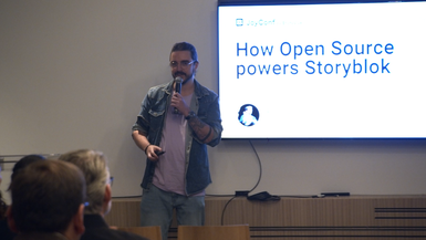 Storyblok employee Alvaro Saburido presents the breakout session How Open Source Powers Storyblok to an audience in the Black Loft room at JoyConf New York NY.