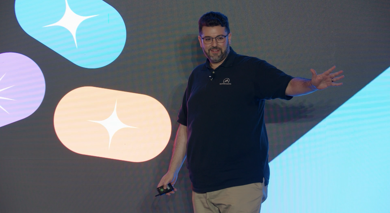 Presenter Jared from Elevate Digital and Gaurav from Primo Brands presenting Water.com+Storyblok sponsor session to attendees on the main keynote stage at JoyConf Lost Angeles LA