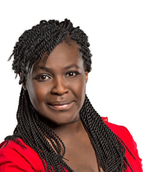 Woman with braided hair wearing a red top, smiling softly against a white background.