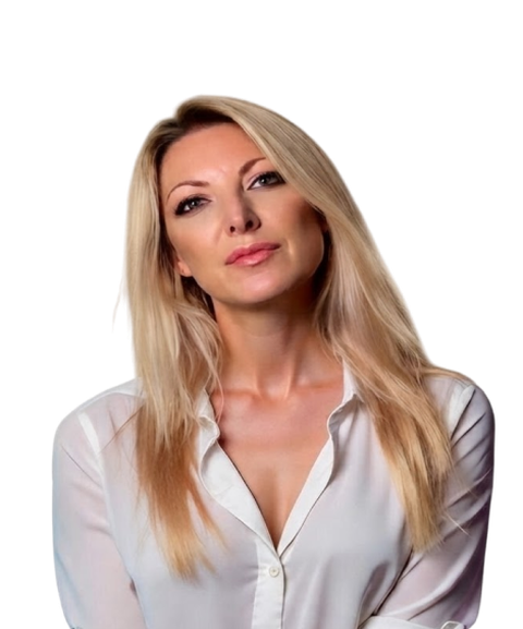 Woman with long blonde hair wearing a white blouse, looking directly at the camera against a plain background.