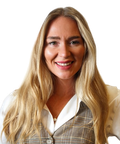Woman with long blonde hair smiling, wearing a plaid vest over a white blouse, isolated on a white background.