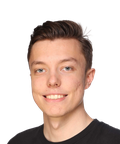 Smiling person with short brown hair wearing a black shirt, against a plain white background.