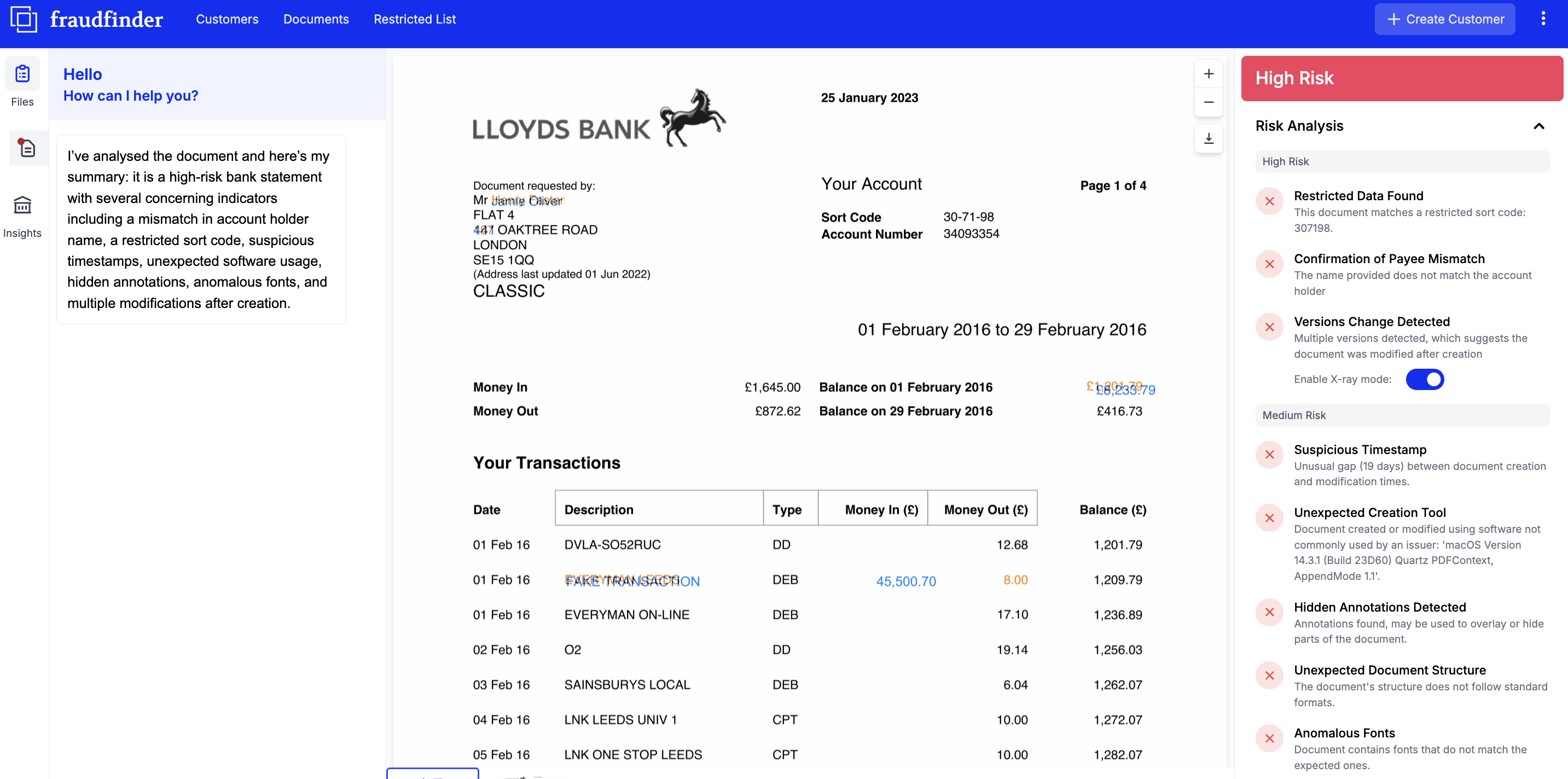 Example of a fraudulent Bank Statement in Fraudfinder