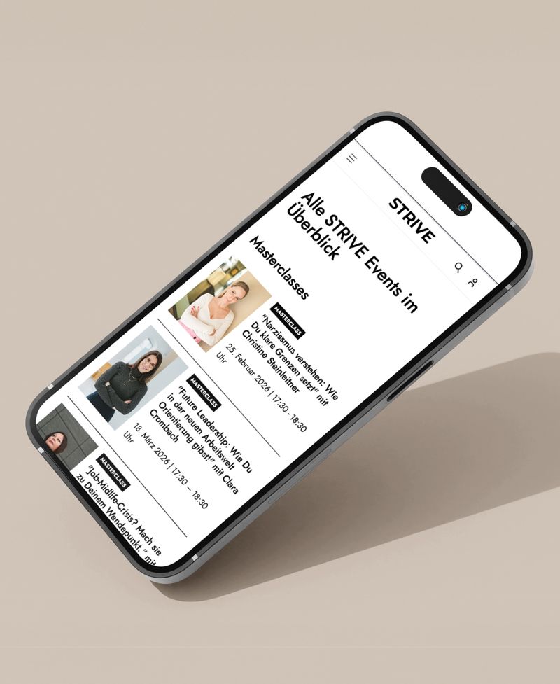 Smartphone displaying a webpage with a list of events titled "Alle STRIVE Events im Überblick," featuring images, event names, and dates.