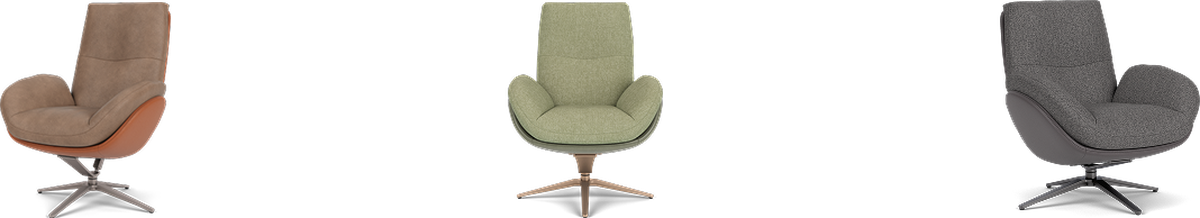Three swivel armchairs: one brown with a leather base, one green with a wooden base, and one gray with a metal base, all against a white background.