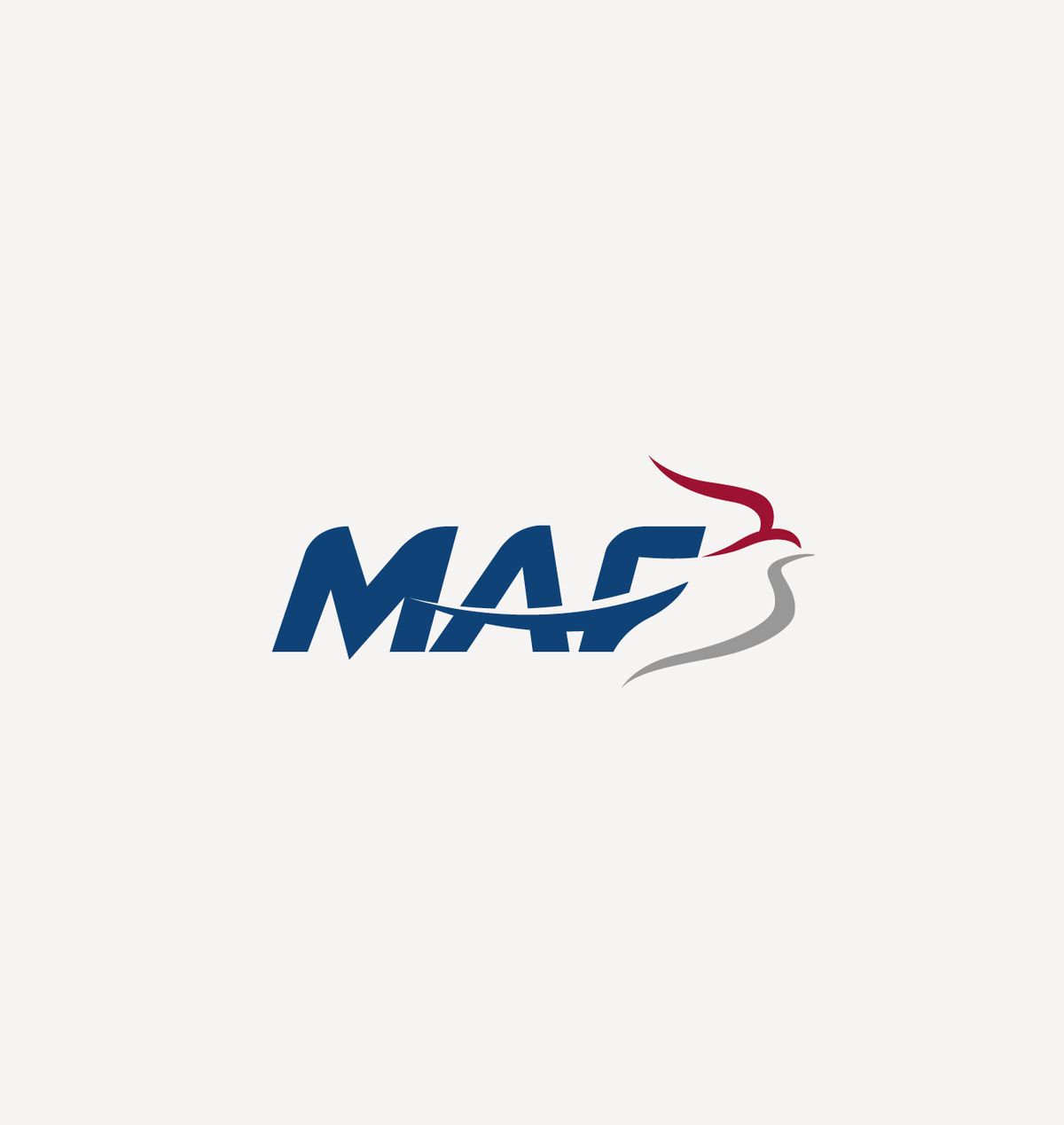 Logo van MAF met blauwe letters en een gestileerde vogel in rood en grijs erboven, op een witte achtergrond.