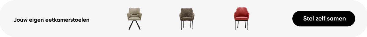Drie verschillende eetkamerstoelen en een knop met de tekst "Stel zelf samen".