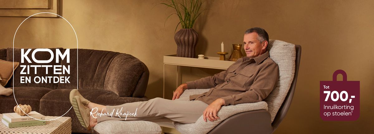 Man reclining in a cozy chair, surrounded by elegant, warm-toned interior decor; promotional text on the left side.