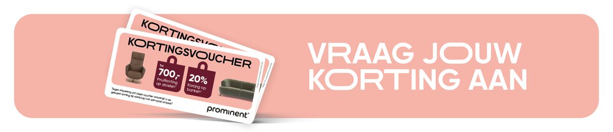 Two discount vouchers offering up to €700 off chairs and 20% off sofas, with "Vraag jouw korting aan" text in the background.