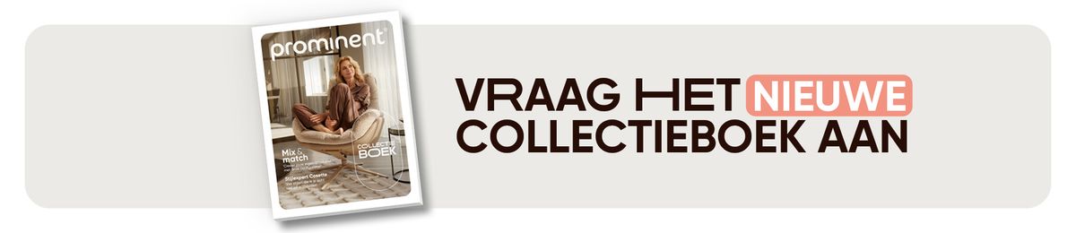 A magazine cover featuring a woman sitting in a cozy chair, with text "Vraag het nieuwe collectie-boek aan" in bold letters on the right.