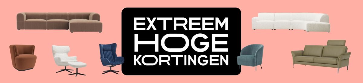 Various modern sofas and chairs on a pink background with the text "EXTREEM HOGE KORTINGEN" in bold letters.