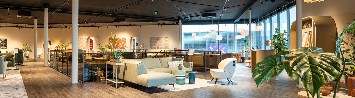 Modern furniture showroom with stylish seating, plants, and decor, featuring large windows, soft lighting, and a cozy, inviting atmosphere.