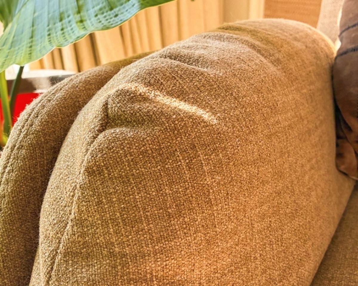 Close-up of a textured brown sofa armrest, with sunlight casting a glow and a green plant leaf partially visible in the background.