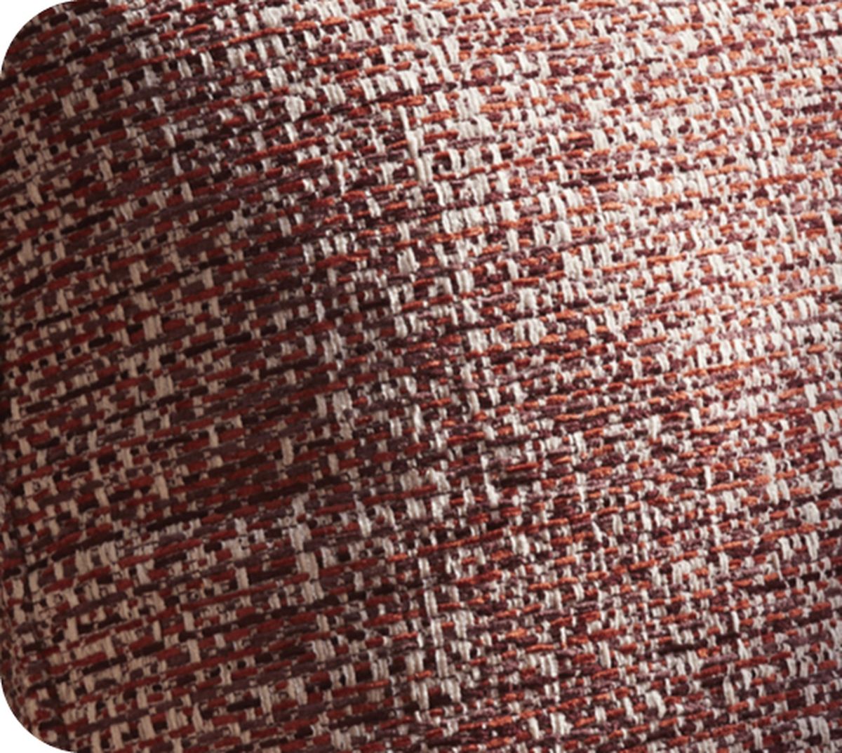 Close-up van een textuur met rood en wit geweven stof, met een patroon van elkaar kruisende draden.