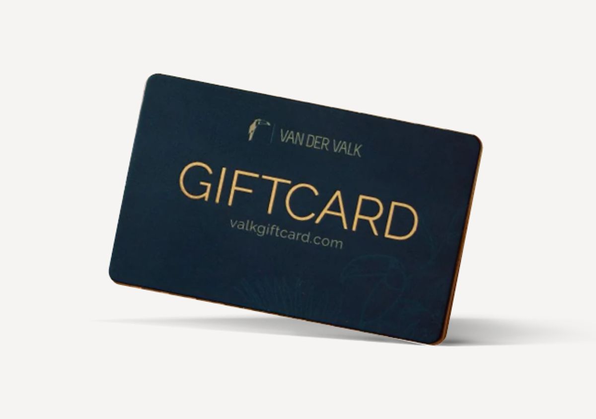 A dark blue Van der Valk gift card with gold text and the URL valkgiftcard.com, set against a plain white background.