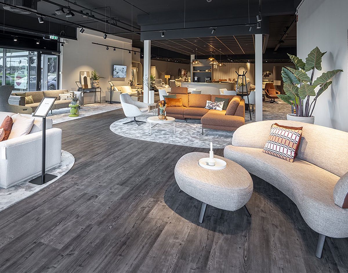 Moderne meubelwinkel met stijlvolle sofa's en stoelen, houten vloer, tapijten, planten en sfeerverlichting.