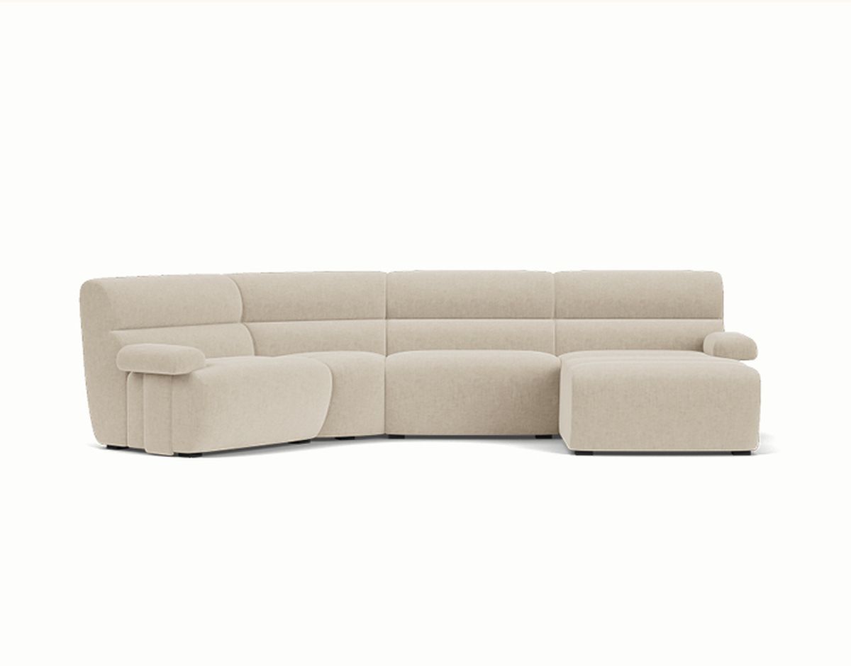 Beige L-shaped sectional sofa with plush cushions and rounded armrests, displayed against a plain white background.