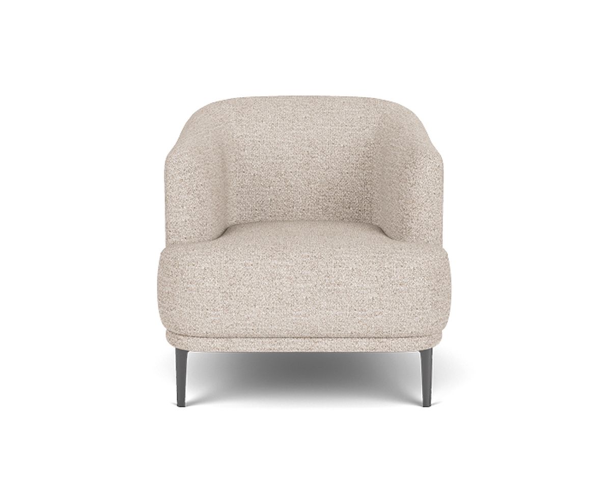 Beige modern armchair with a curved back, thick seat cushion, and slender black legs, viewed from the front against a white background.