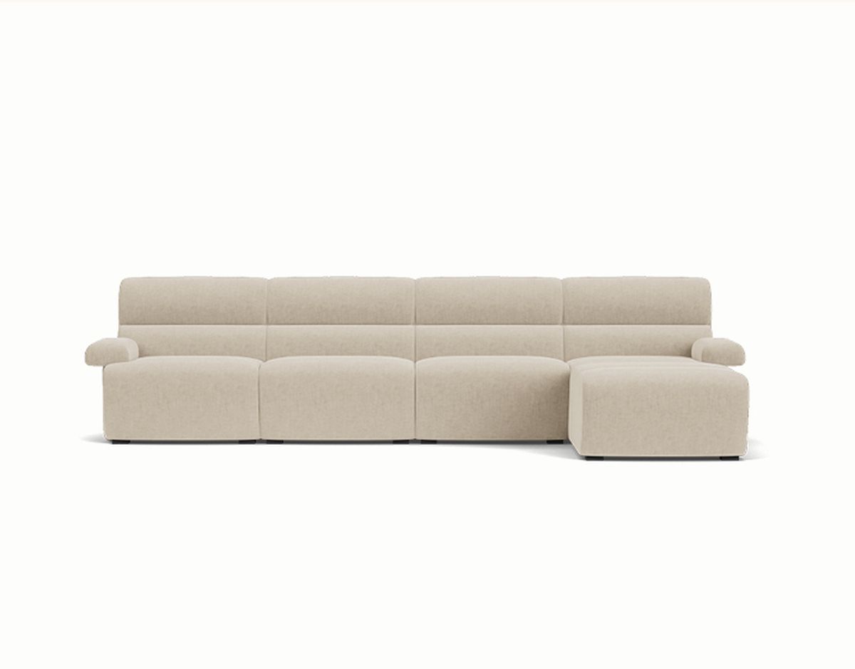 A beige sectional sofa with five seats, including a chaise lounge on the right side, set against a plain white background.