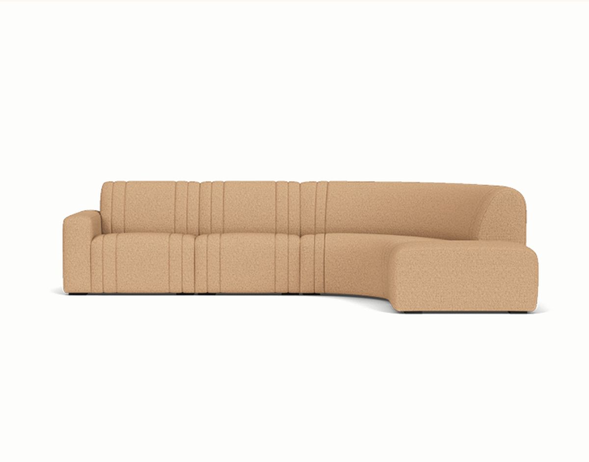 Beige L-shaped sectional sofa with a modern design, featuring a curved backrest and minimalist detailing, placed against a white background.