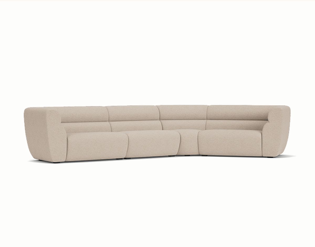 A beige L-shaped sectional sofa with plush cushions and rounded arms, set against a plain white background.