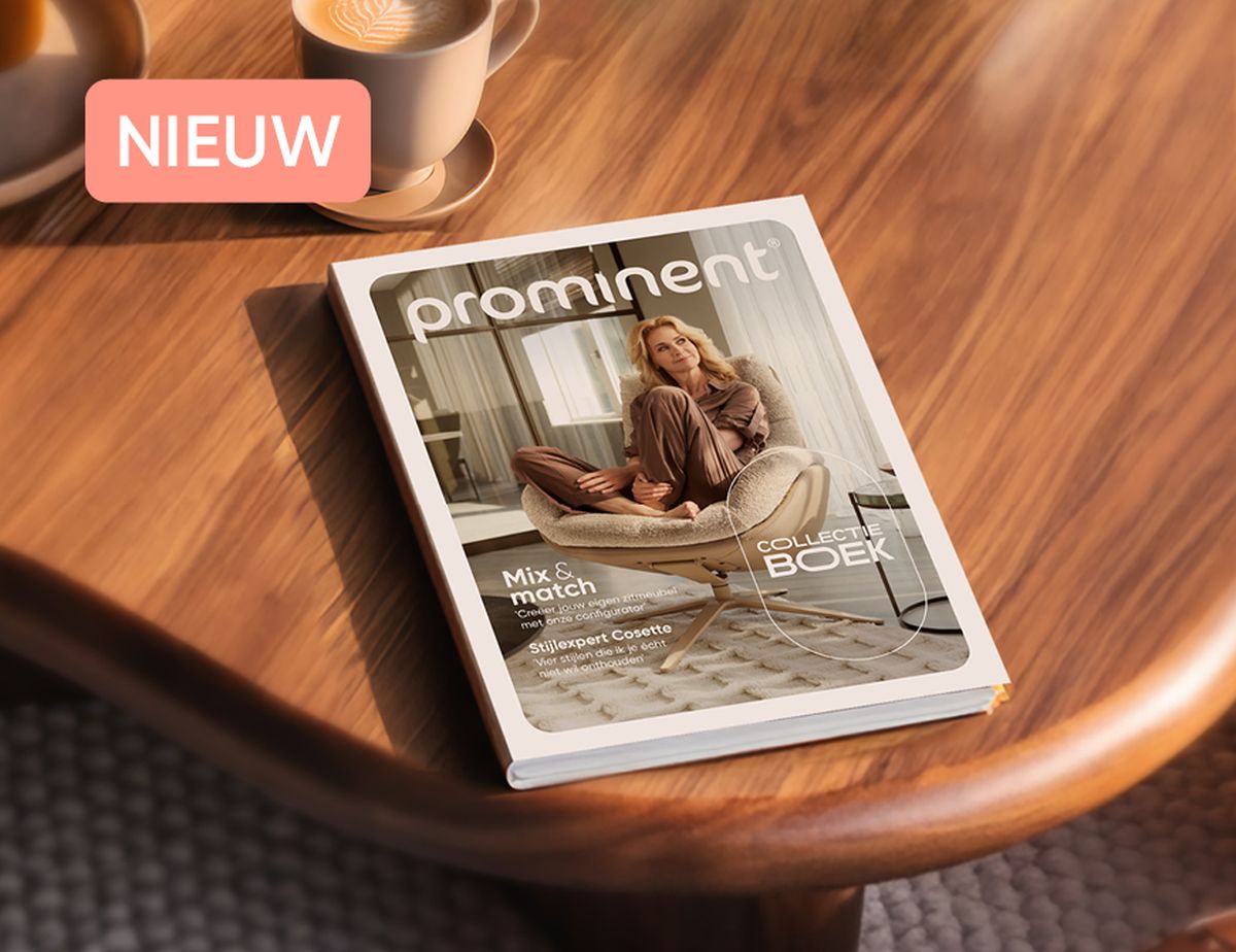 A magazine titled "Prominent" featuring a woman sitting on a chair, with a coffee cup nearby. A "NIEUW" label is visible in the top left corner.