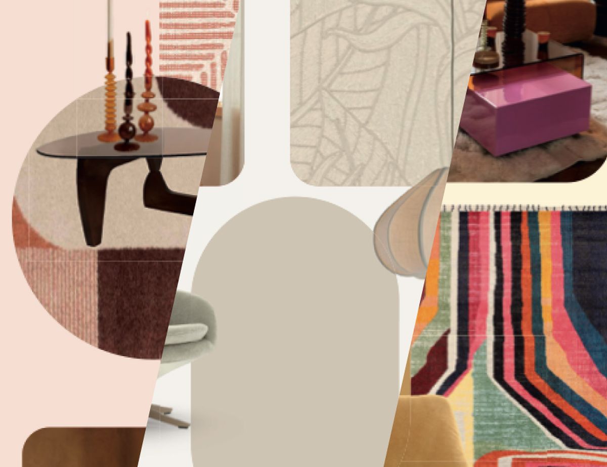 Collage van interieurontwerpen met ronde vormen, geometrische patronen, kleurrijke stoffen en meubels, waaronder een glazen tafel en een modern tapijt.
