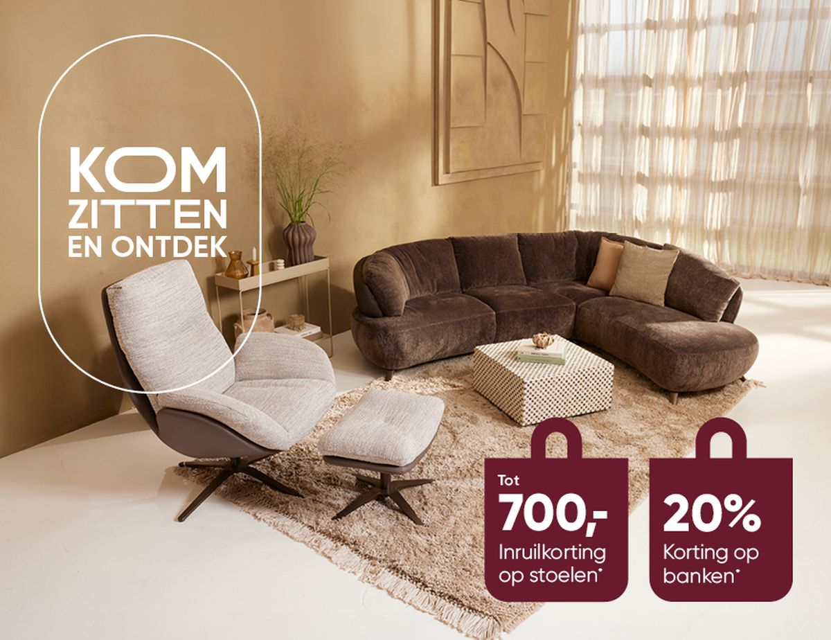 A cozy living room with a brown sectional sofa, a beige lounge chair, and ottoman, accented by a rug and decor. Promo for discounts on furniture.