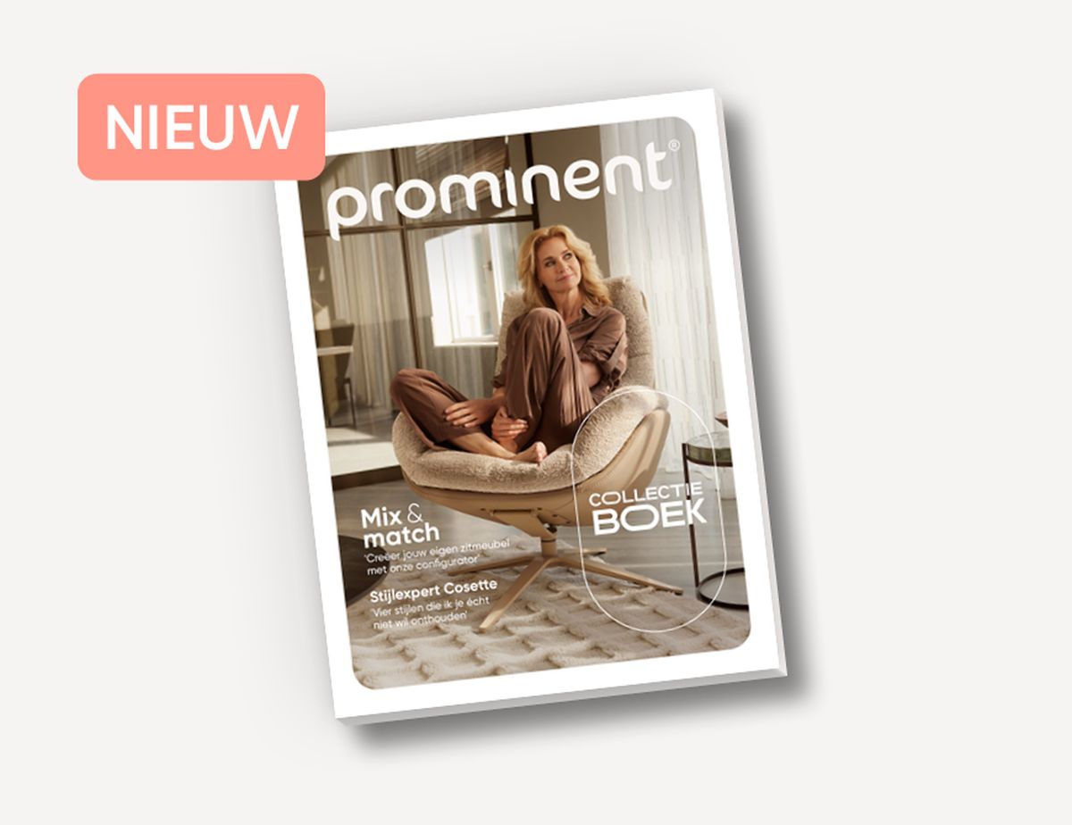 Magazine cover with a woman sitting in a comfy chair. Text includes "prominent," "collectie boek," and features "mix & match."