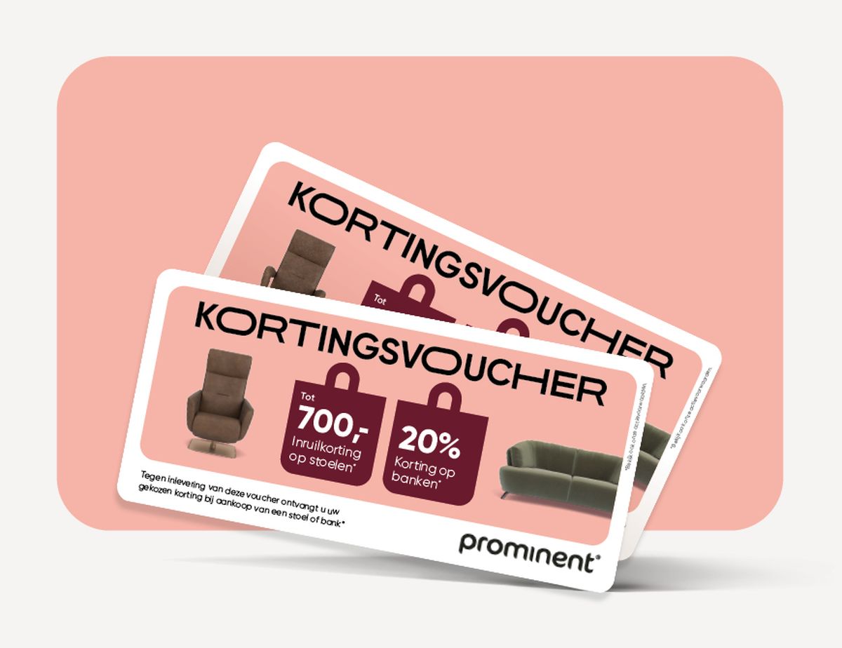 Two discount vouchers on a pink background, offering up to €700 off chairs and 20% off sofas.
