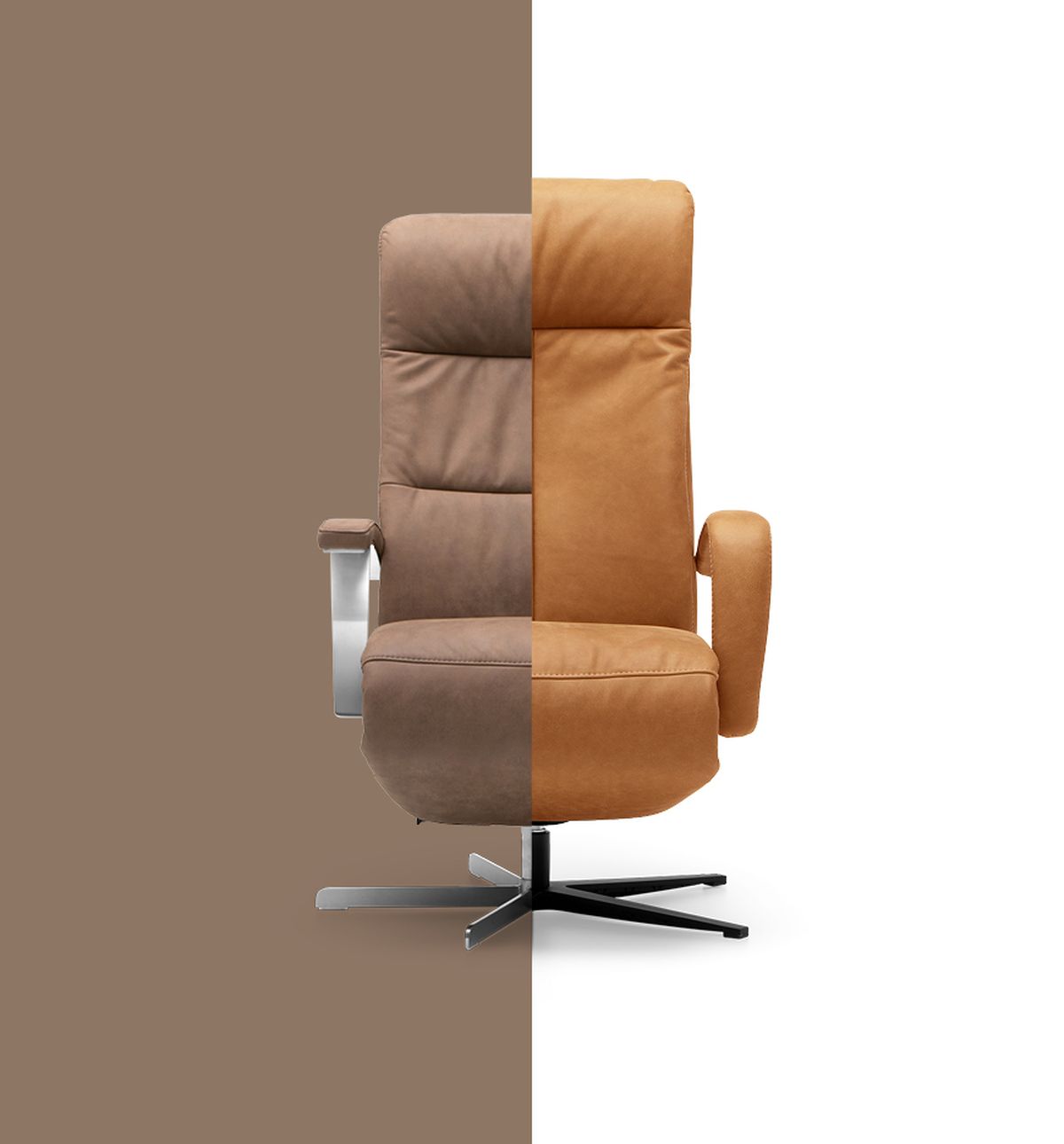 Een stoel met een gesplitst ontwerp: linkerhelft in bruine bekleding met metalen voet, rechterhelft in lichte leren bekleding met houten voet.