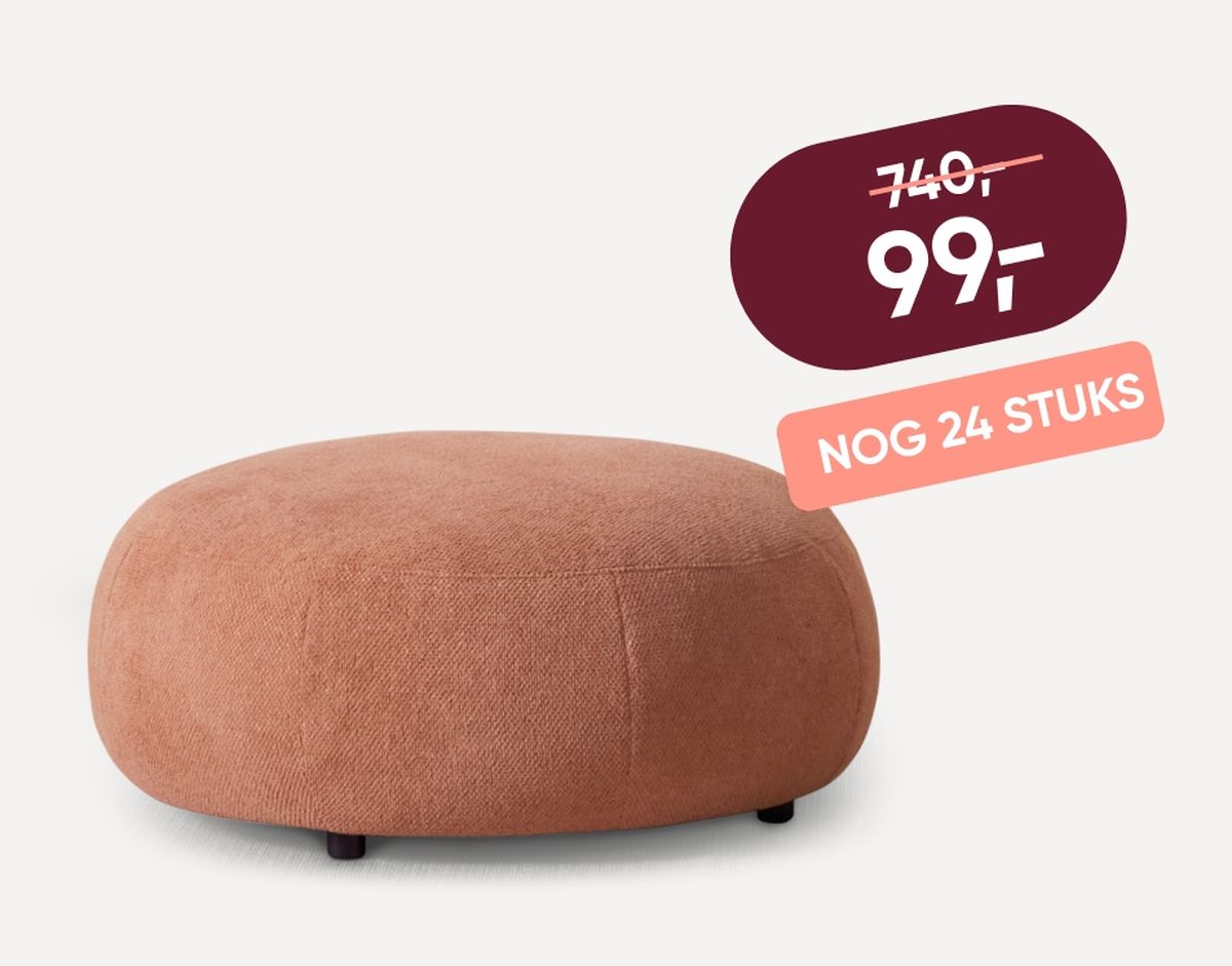 Brown pouf with a discount price of 99 euros, originally 140 euros, and a note indicating "24 pieces left" in Dutch.