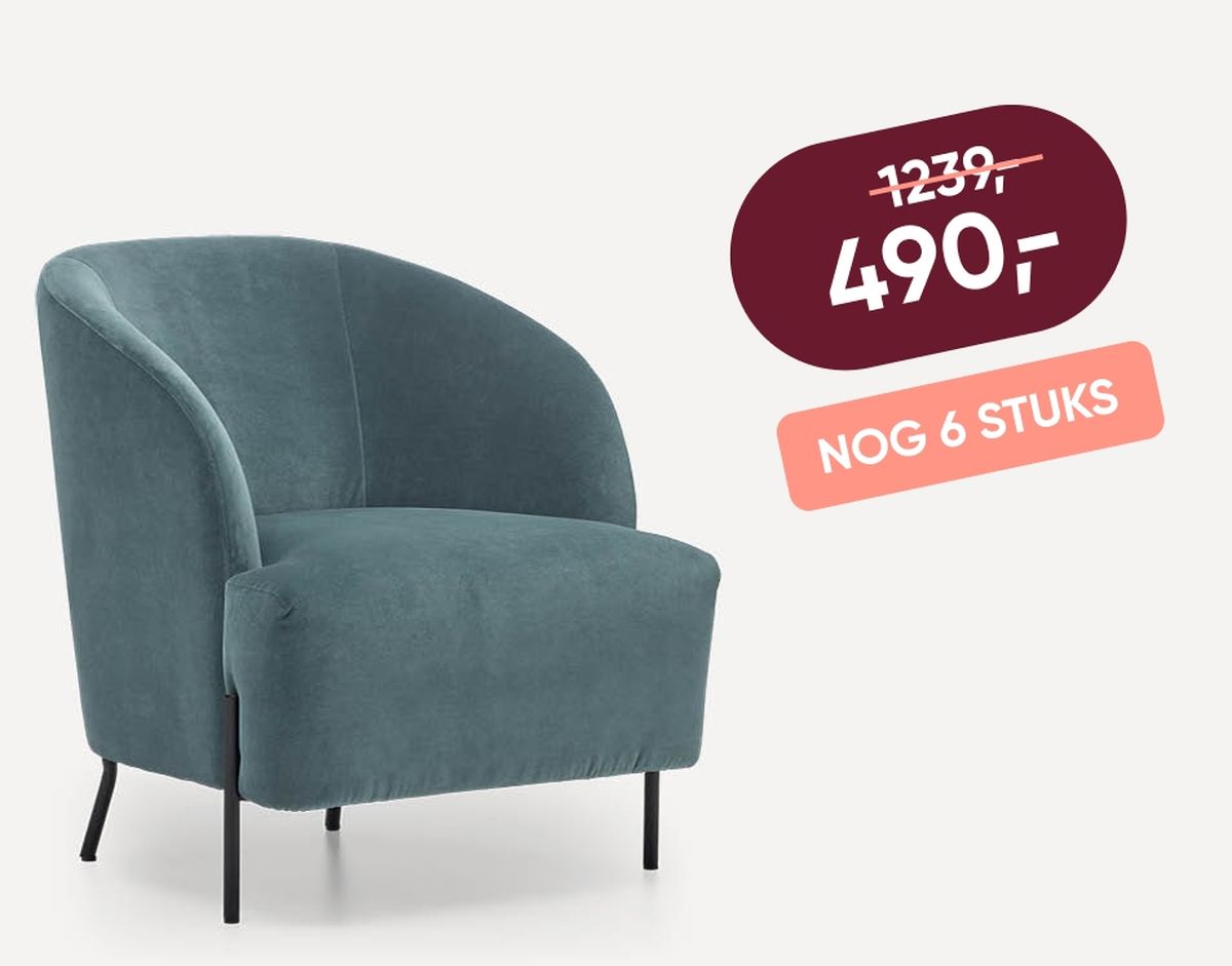 Blue velvet armchair with black legs, priced at 490 in sale, originally 1239, with six pieces remaining.