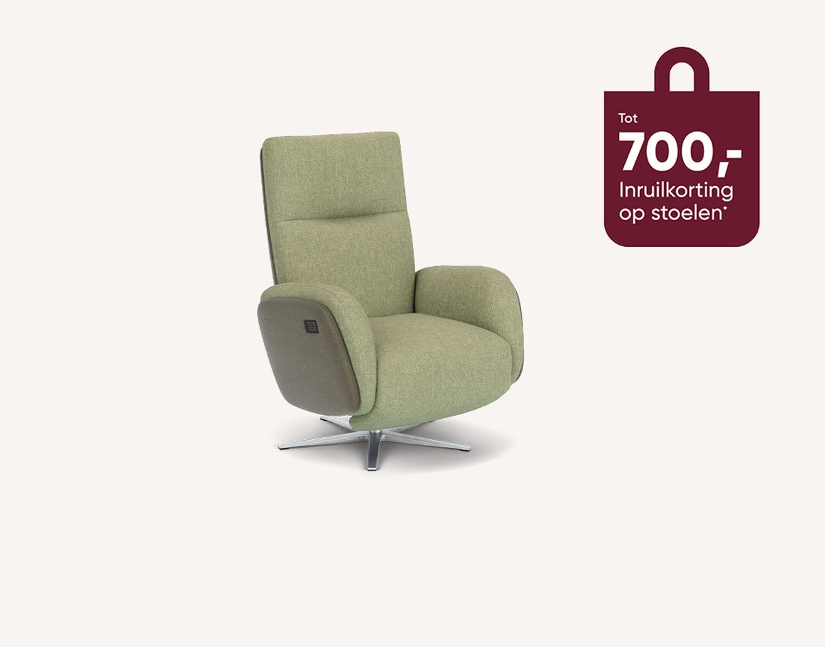 Green swivel armchair on a white background with a maroon sign offering a discount.