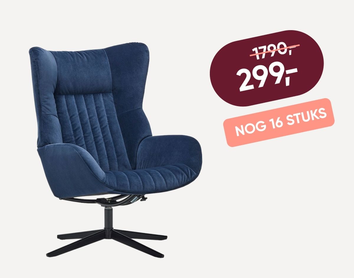A blue swivel lounge chair with a high back and black metal base. Discounted price of 299 is shown, with 16 pieces left.
